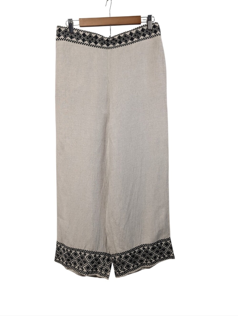 Boston Proper Women's Beige Black Geometric Wide-Leg Linen Pants Elastic Waist M